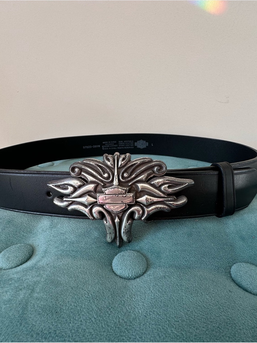 Harley-Davidson Black Leather Belt with Ornate Silver Buckle